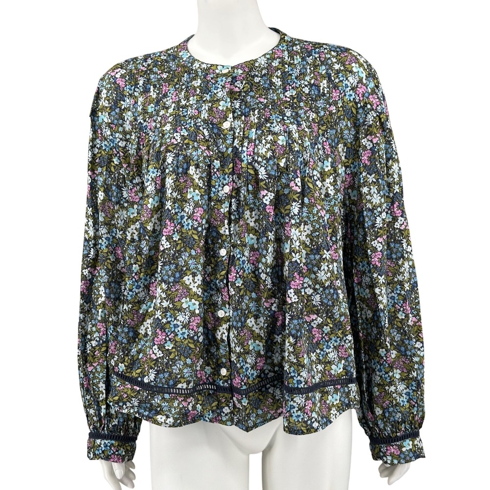Old Navy Top Womens 2XL Blue Floral Pintuck Long Sleeve Button Up Spring Peasant